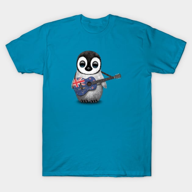 Baby Penguin Playing New Zealand Flag Guitar T-Shirt by jeffbartels